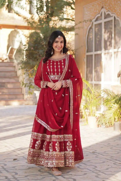 Dark Red Georgette Zari Sequins Embroidery Work Gown And Dupatta