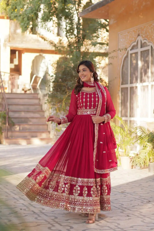 Pinkish Red Zari Sequins Embroidery Work Georgette Gown And Dupatta