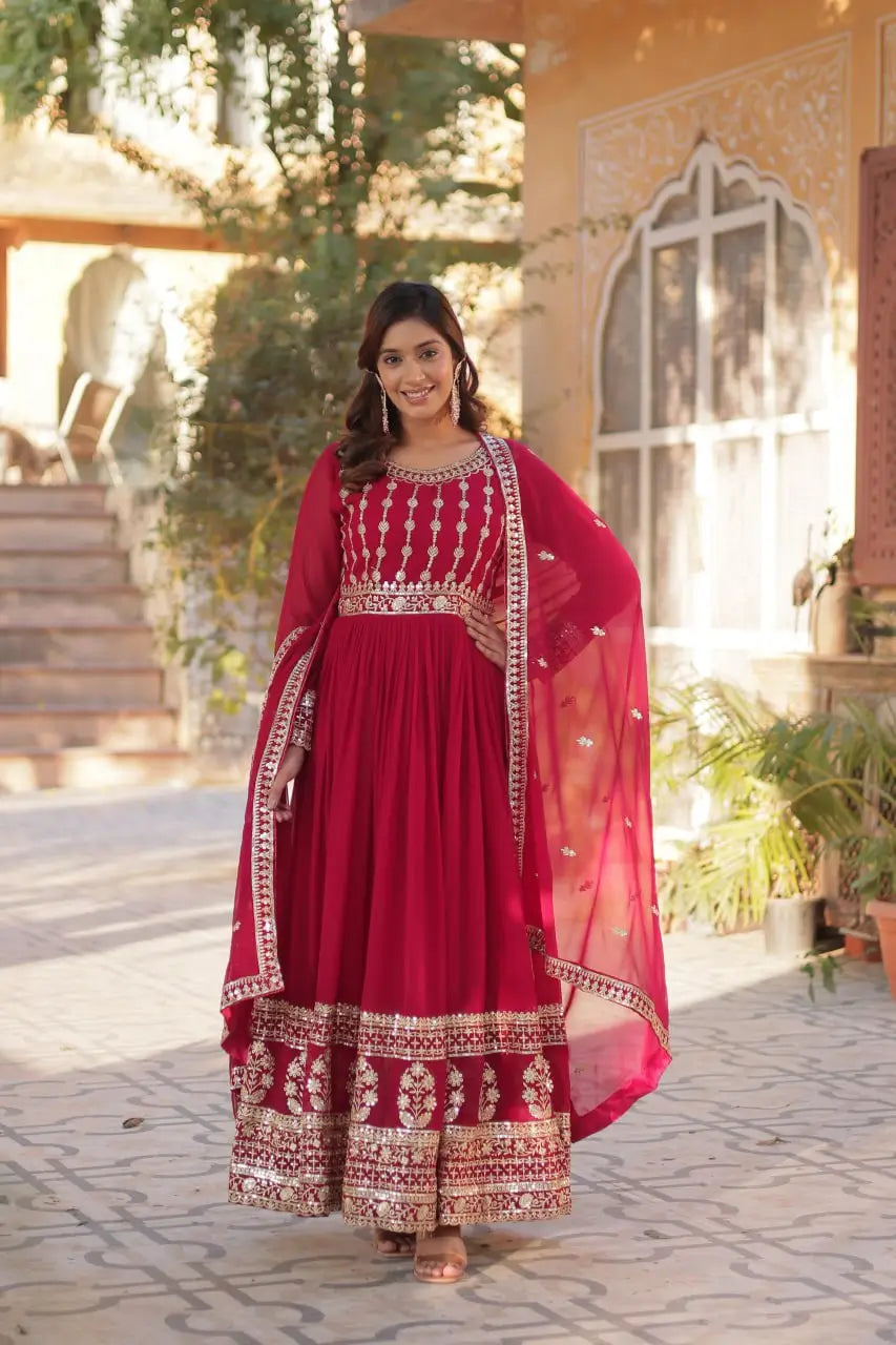 Pinkish Red Zari Sequins Embroidery Work Georgette Gown And Dupatta