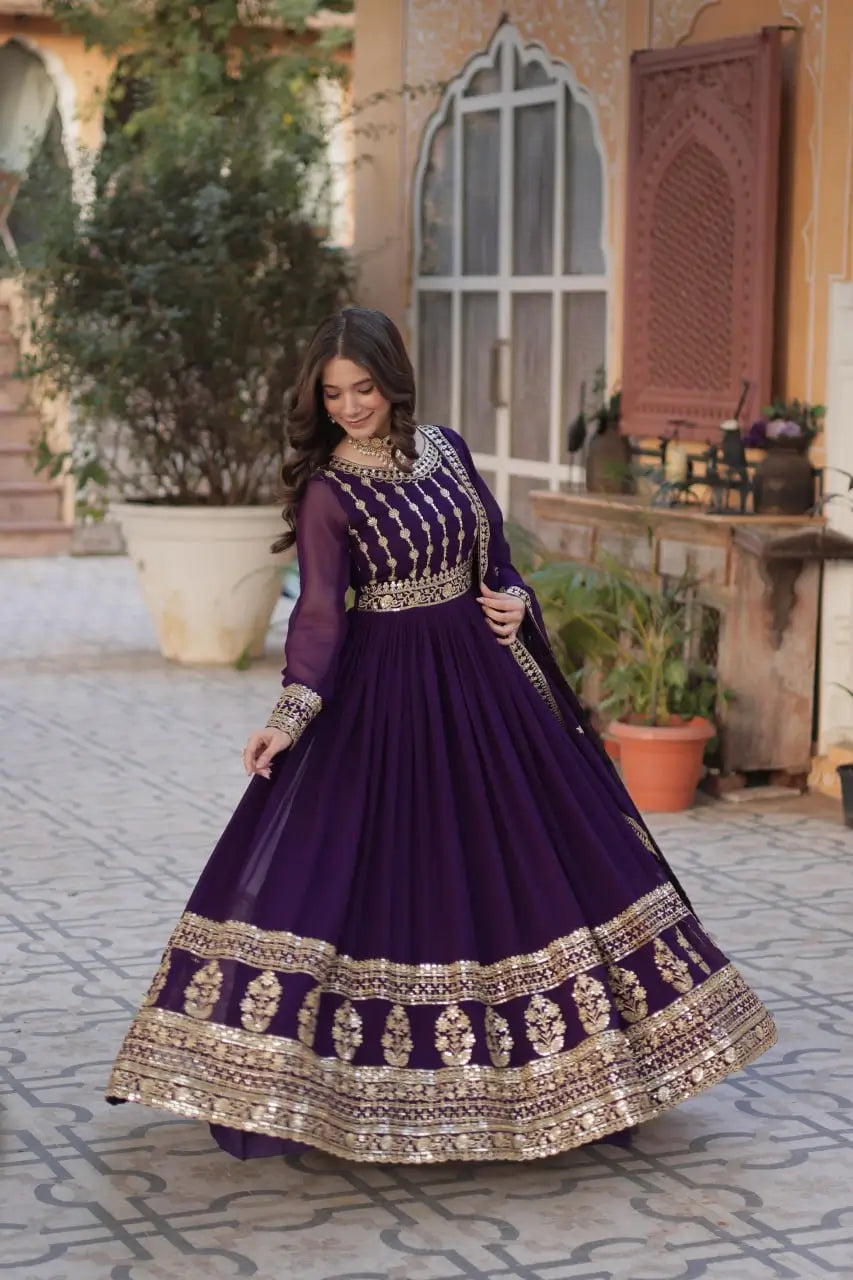 Dark Wine Zari Sequins Embroidery Work Gown And Dupatta