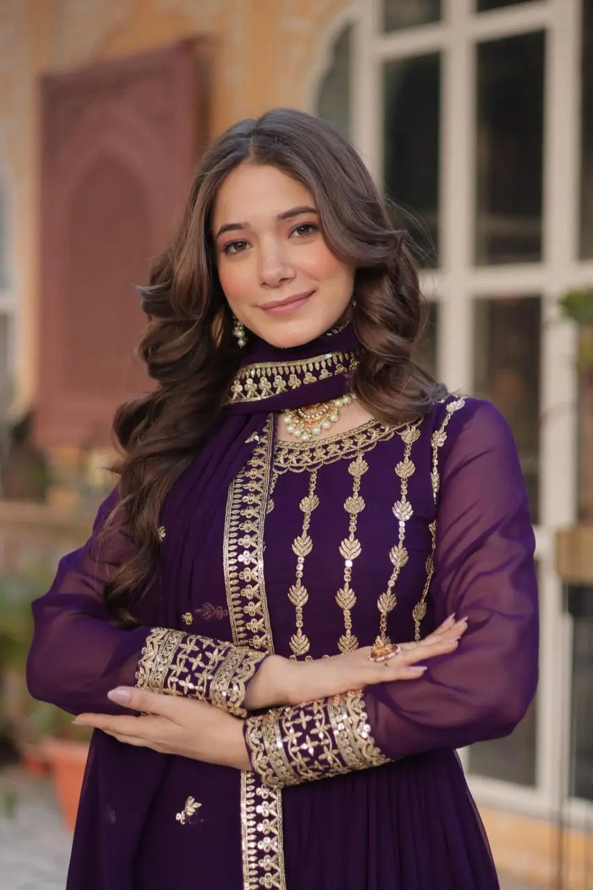 Dark Wine Zari Sequins Embroidery Work Gown And Dupatta