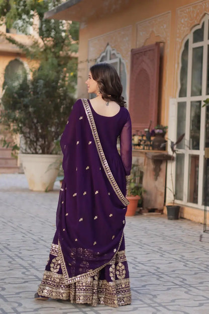 Dark Wine Zari Sequins Embroidery Work Gown And Dupatta