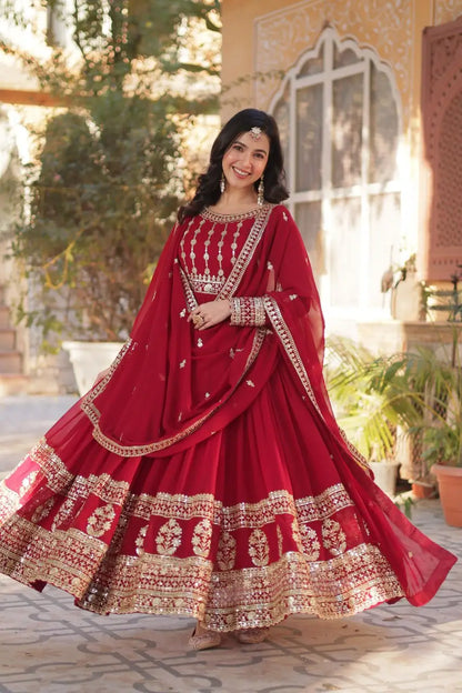 Dark Red Georgette Zari Sequins Embroidery Work Gown And Dupatta