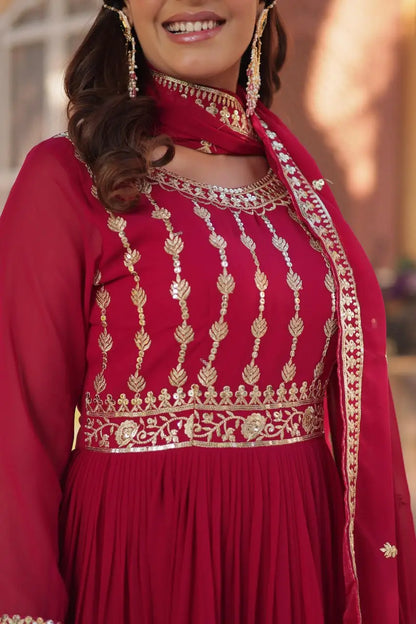 Dark Red Georgette Zari Sequins Embroidery Work Gown And Dupatta