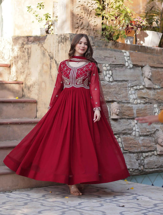 Marron Beads And Sequins Embroidery Work Gown With Dupatta