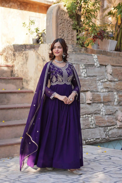 Purple Beads And Sequins Embroidery Work Gown With Dupatta