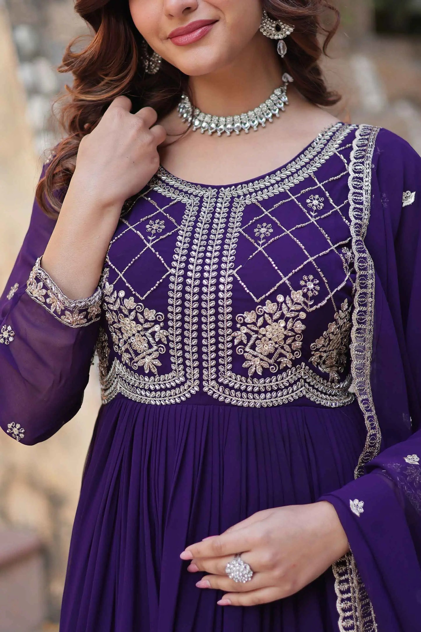Purple Beads And Sequins Embroidery Work Gown With Dupatta