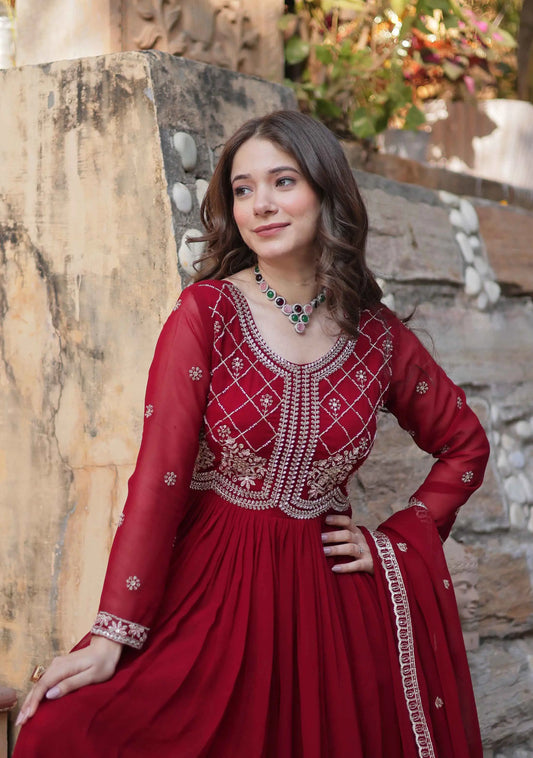 Marron Beads And Sequins Embroidery Work Gown With Dupatta