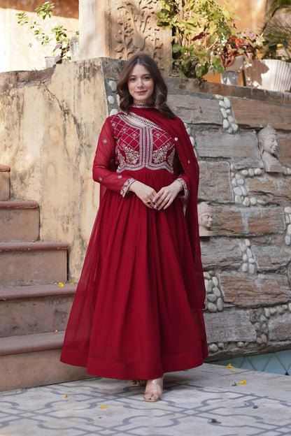 Marron Beads And Sequins Embroidery Work Gown With Dupatta