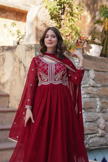 Marron Beads And Sequins Embroidery Work Gown With Dupatta