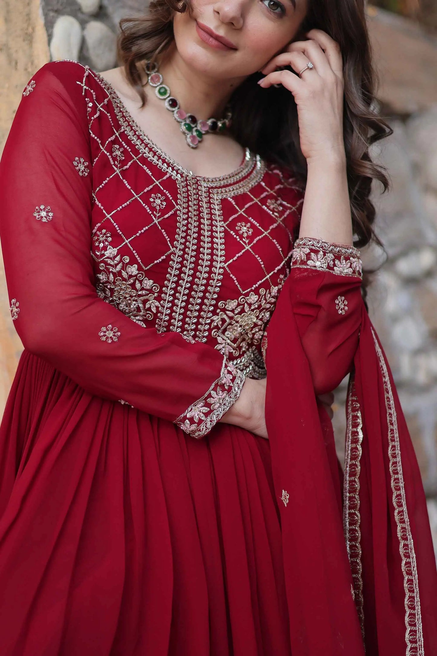 Marron Beads And Sequins Embroidery Work Gown With Dupatta
