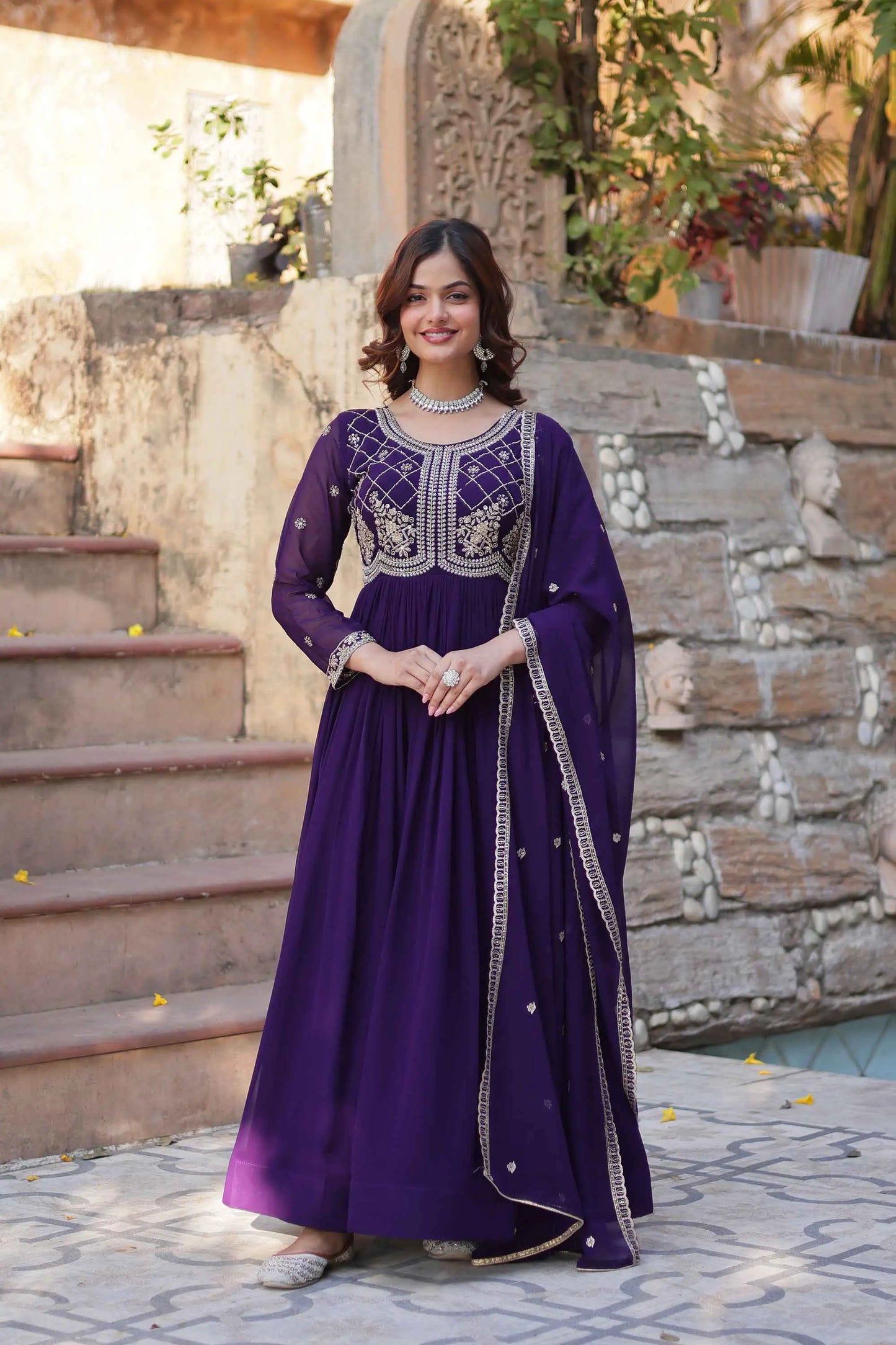 Purple Beads And Sequins Embroidery Work Gown With Dupatta