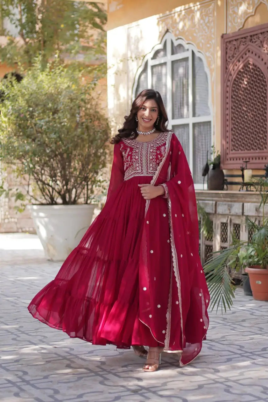 Red Devil Georgette Attractive Embroidery Pearl Work Gown With Dupatta