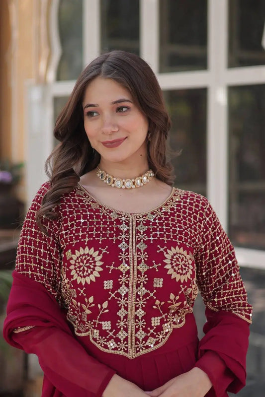 Maroon Red Attractive Sequins Embroidery Work Gown And Dupatta