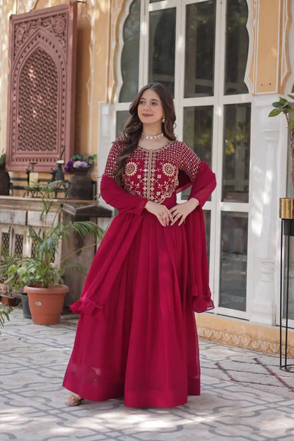 Maroon Red Attractive Sequins Embroidery Work Gown And Dupatta