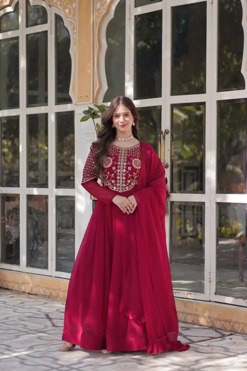 Maroon Red Attractive Sequins Embroidery Work Gown And Dupatta