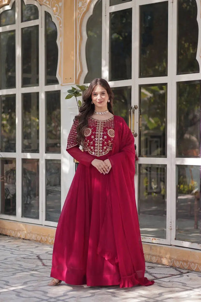 Maroon Red Attractive Sequins Embroidery Work Gown And Dupatta