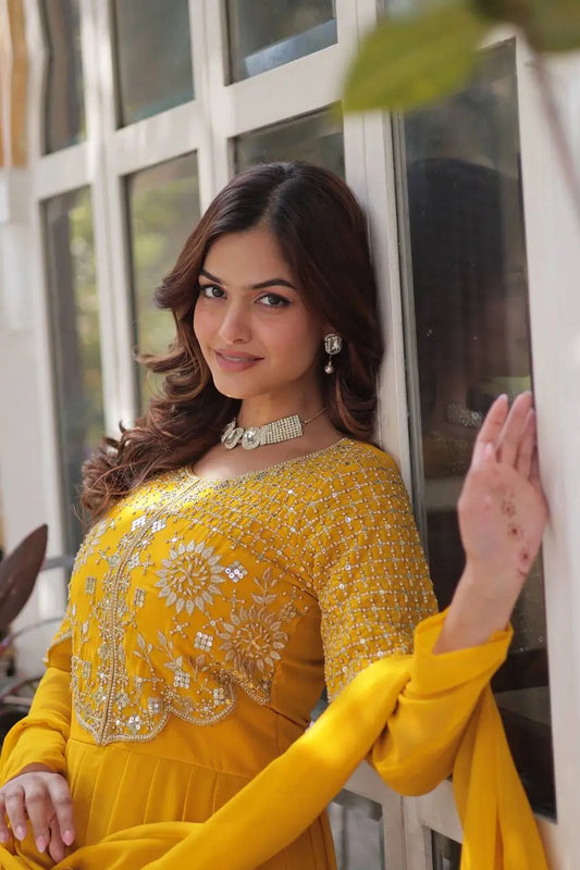 Yellow Ochre Attractive Sequins Embroidery Work Gown And Dupatta