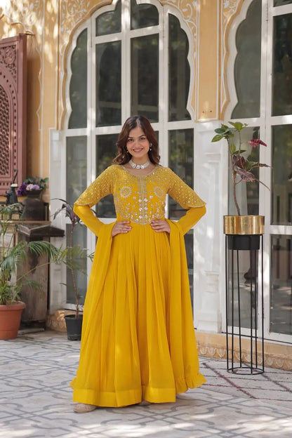 Yellow Ochre Attractive Sequins Embroidery Work Gown And Dupatta