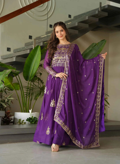 Grape Purple Gown With Zari Sequins Embroidery And Dupatta
