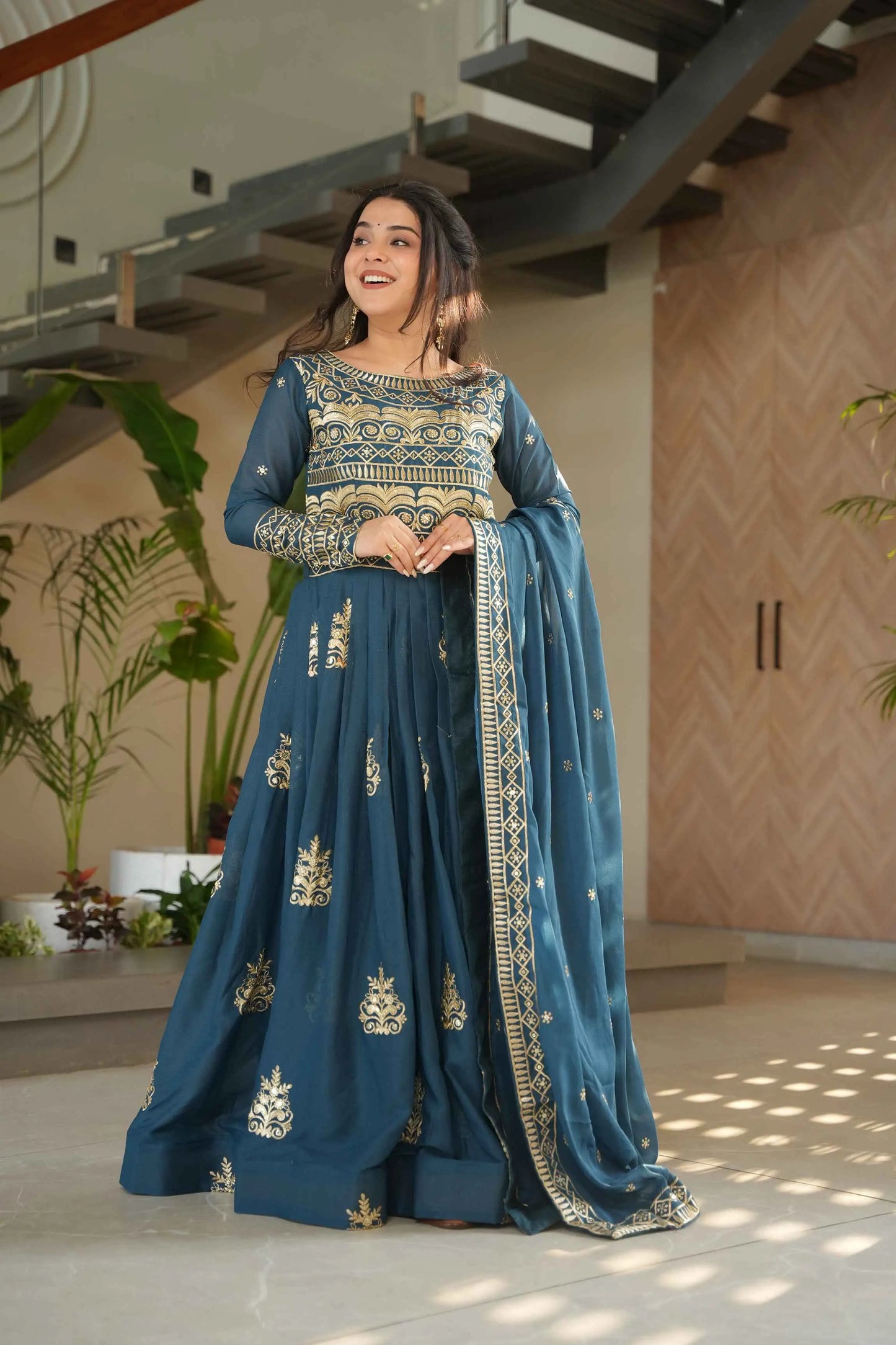 Teal Blue Gown With Zari Sequins Embroidery And Dupatta