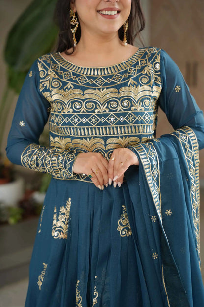 Teal Blue Gown With Zari Sequins Embroidery And Dupatta