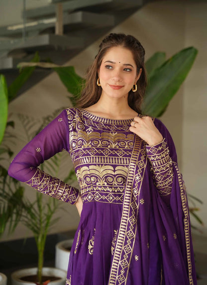 Grape Purple Gown With Zari Sequins Embroidery And Dupatta