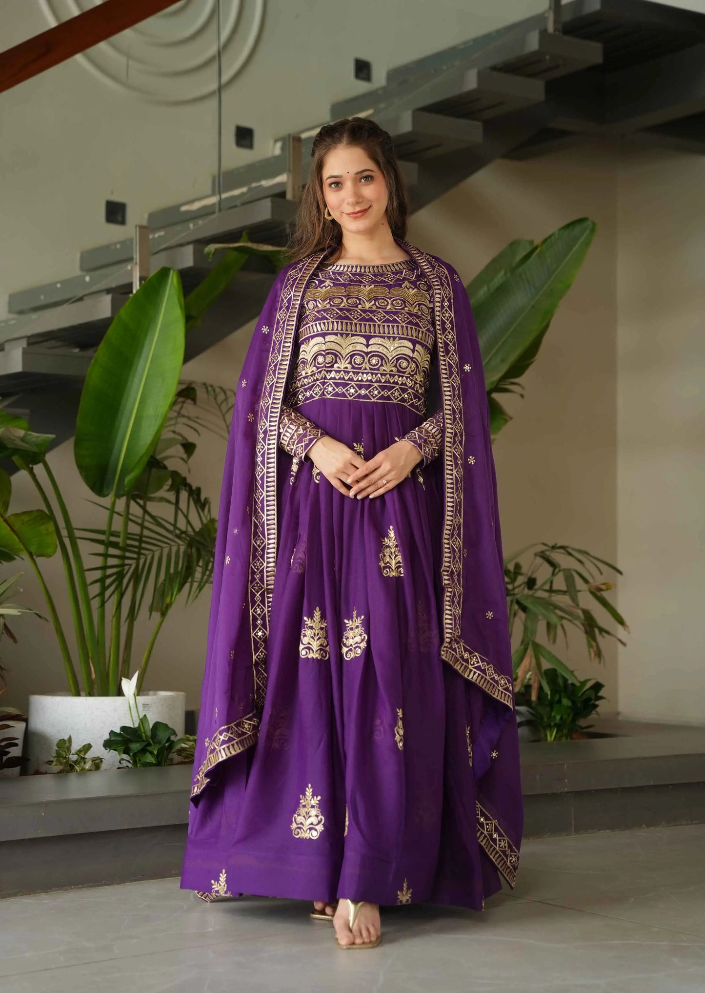 Grape Purple Gown With Zari Sequins Embroidery And Dupatta