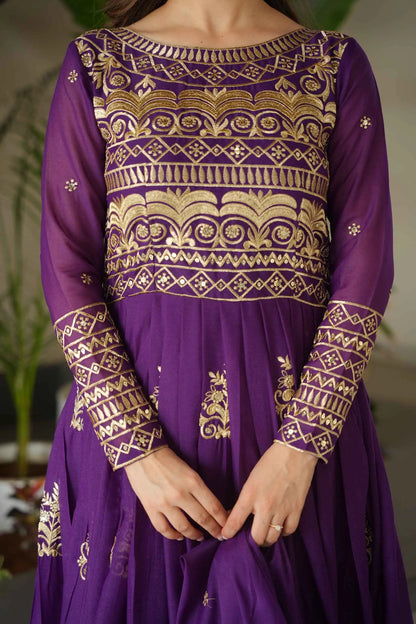 Grape Purple Gown With Zari Sequins Embroidery And Dupatta