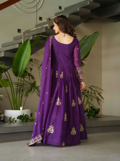 Grape Purple Gown With Zari Sequins Embroidery And Dupatta