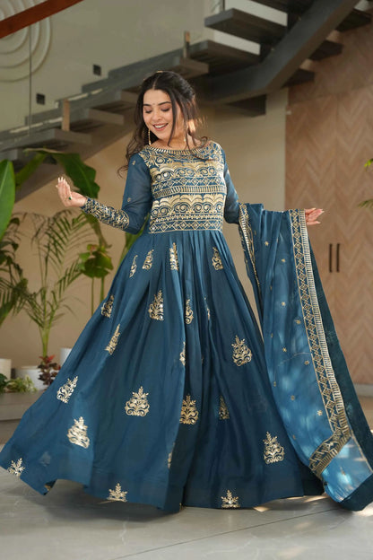 Teal Blue Gown With Zari Sequins Embroidery And Dupatta