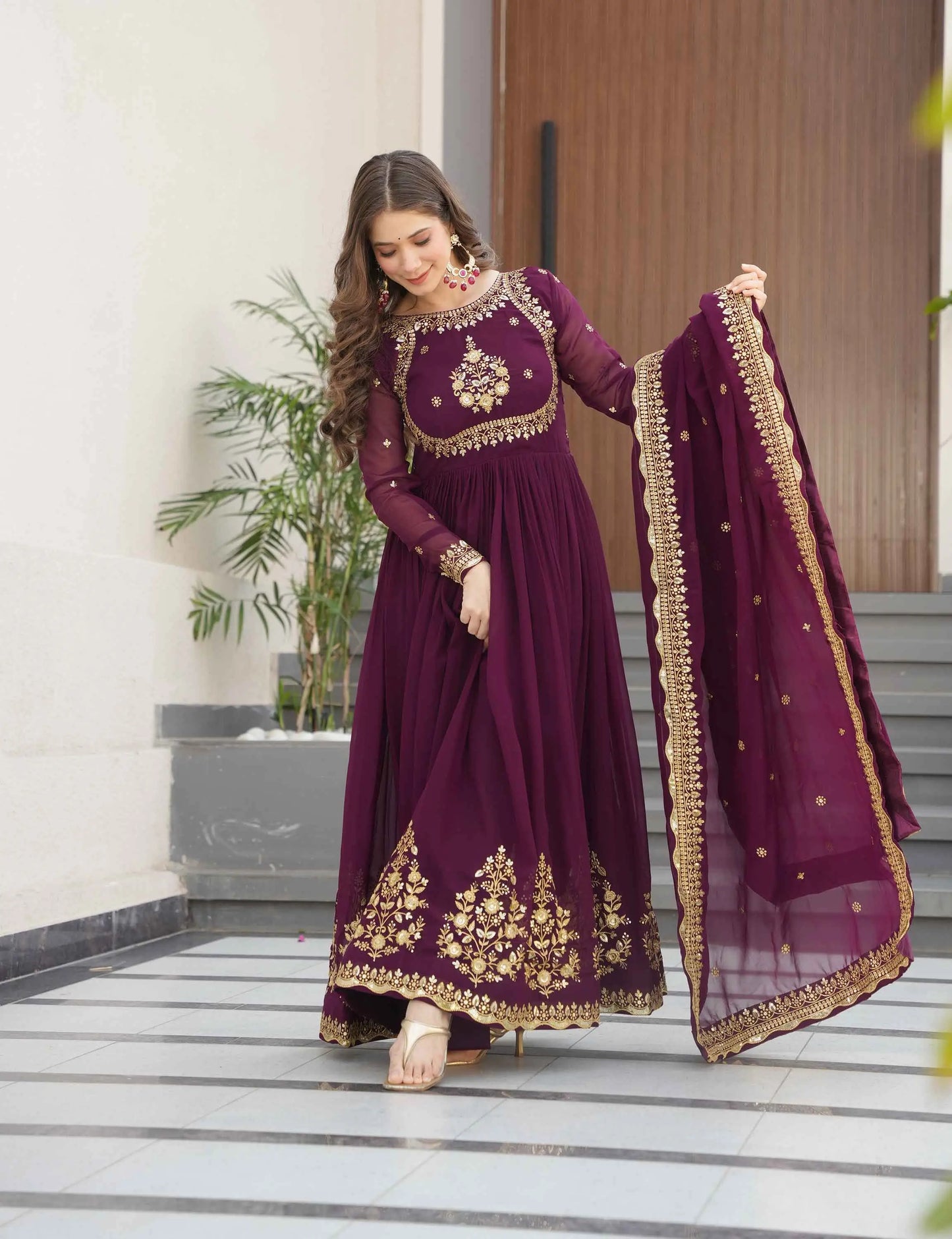 Designer Wine Zari Sequins Embroidery Work Georgette Gown With Dupatta