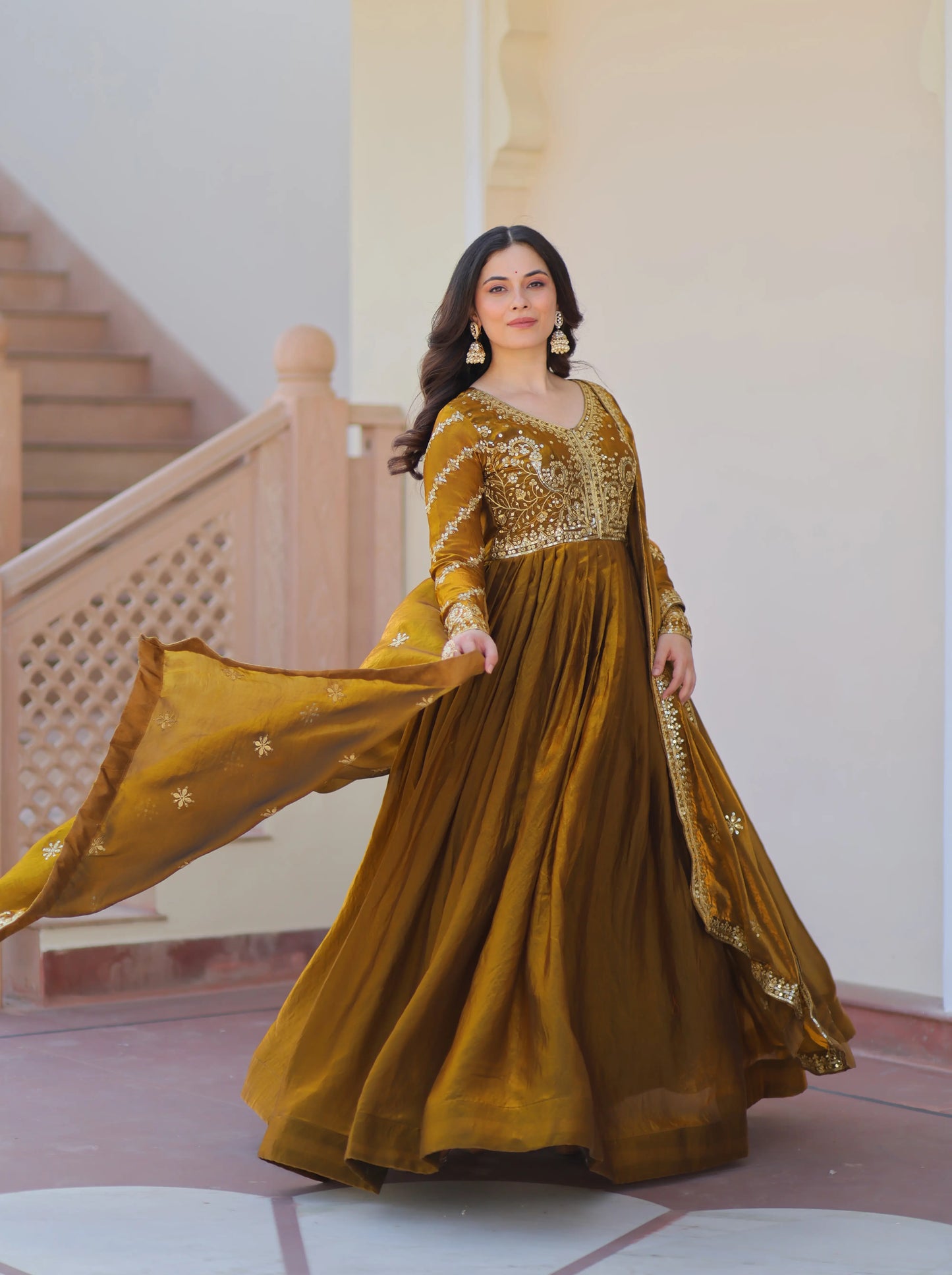 Mustard Yellow Zari Sequins Embroidery Work Gown With Dupatta