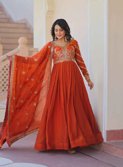 Fanta Orange Zari Sequins Embroidery Work Gown With Dupatta