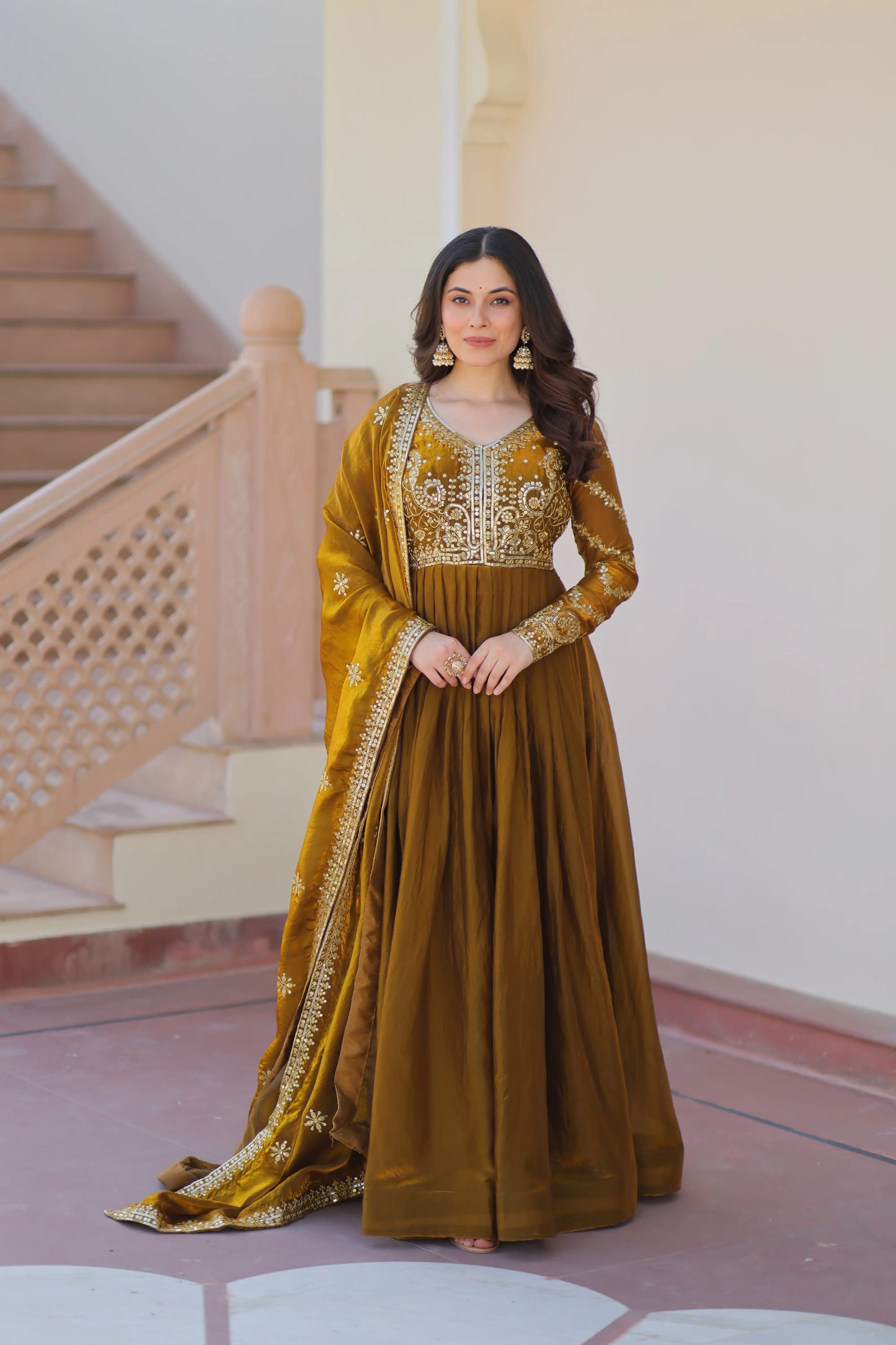 Mustard Yellow Zari Sequins Embroidery Work Gown With Dupatta