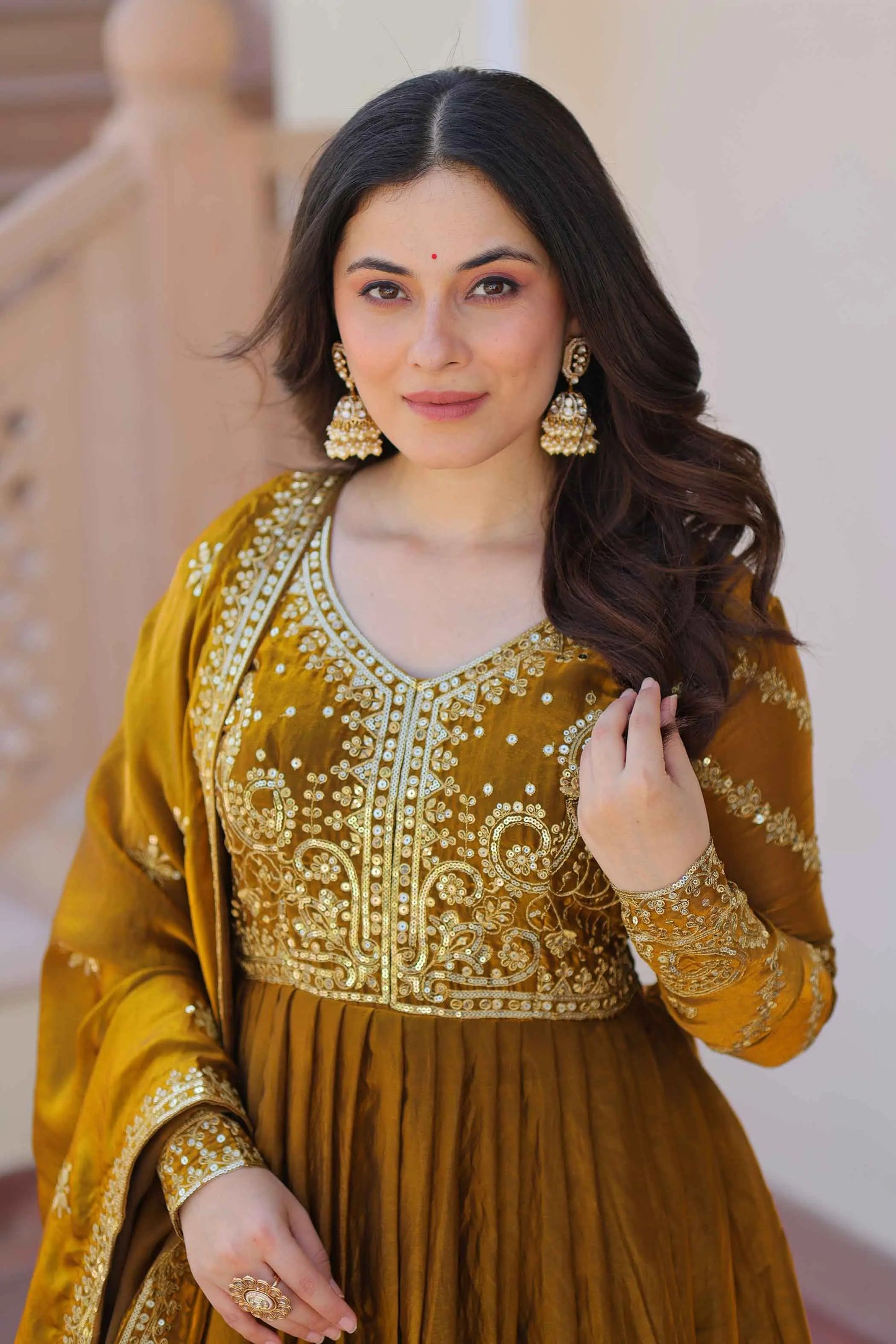Mustard Yellow Zari Sequins Embroidery Work Gown With Dupatta