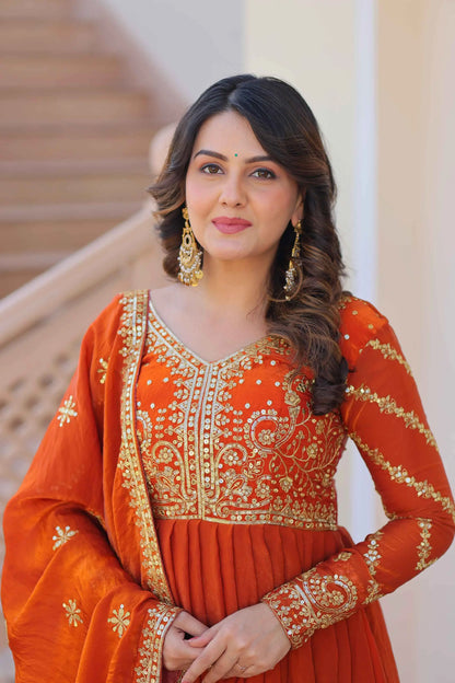Fanta Orange Zari Sequins Embroidery Work Gown With Dupatta
