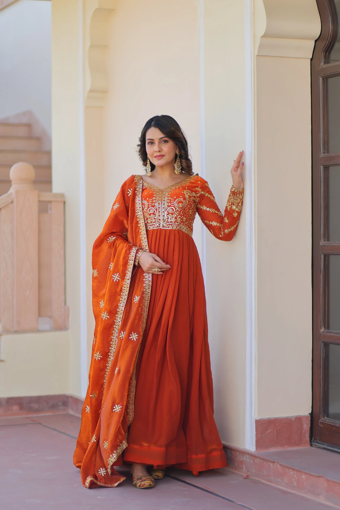 Fanta Orange Zari Sequins Embroidery Work Gown With Dupatta