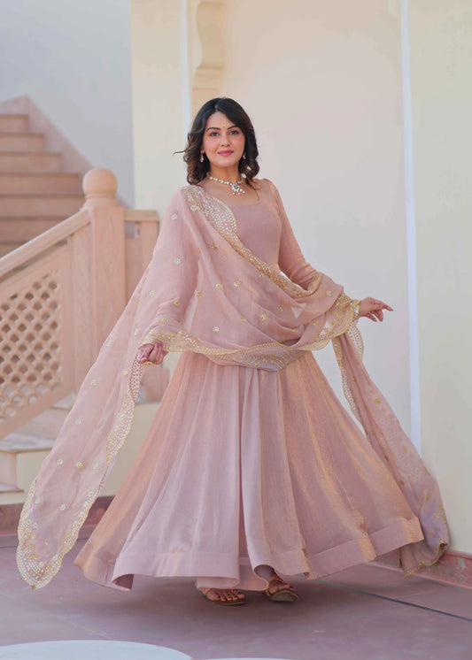 Shiny Dark Beige Designer Fendi Chiffon Gown With Embroidery Work Dupatta