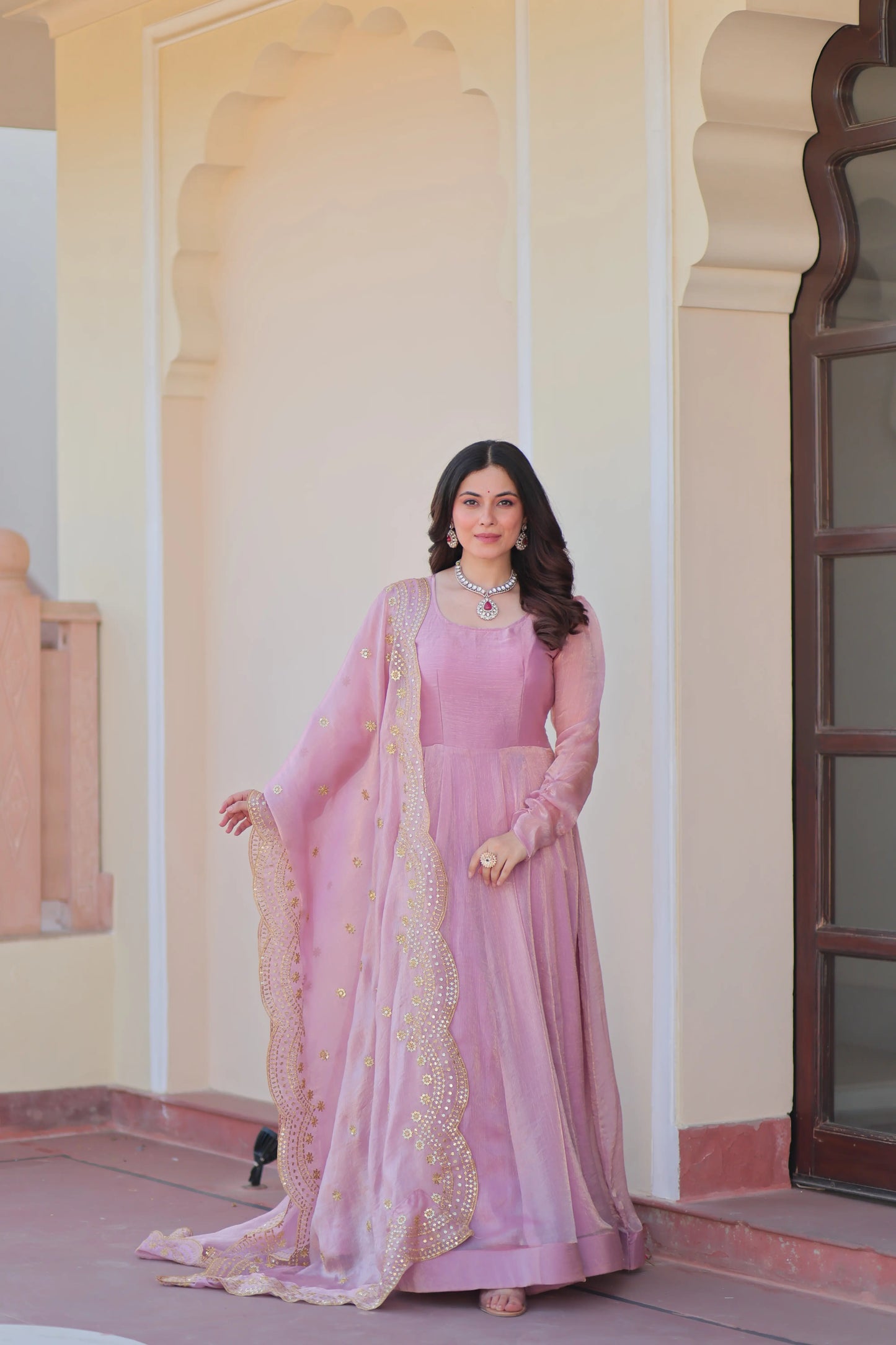 Shiny Baby Pink Designer Fendi Chiffon Gown With Embroidery Work Dupatta
