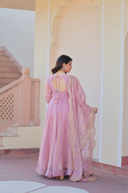 Shiny Baby Pink Designer Fendi Chiffon Gown With Embroidery Work Dupatta