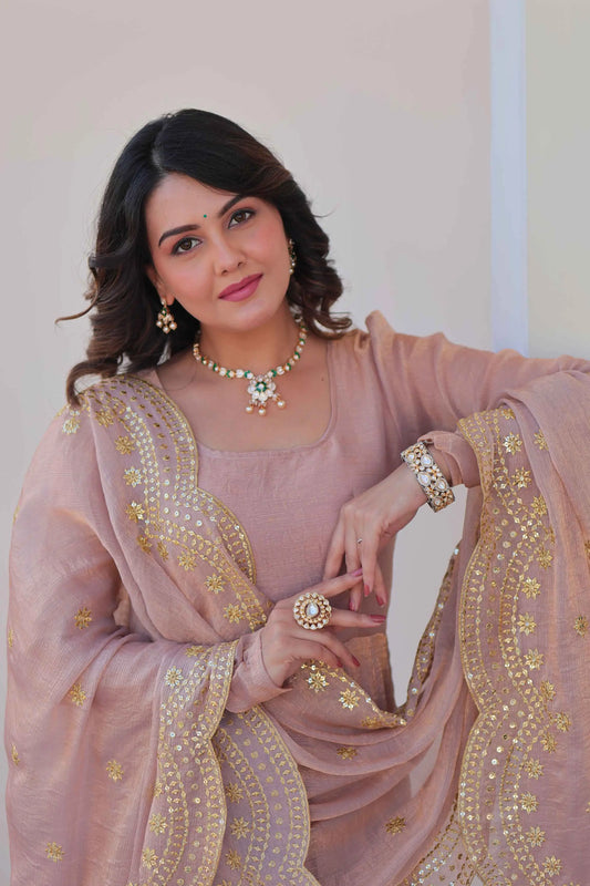 Shiny Dark Beige Designer Fendi Chiffon Gown With Embroidery Work Dupatta