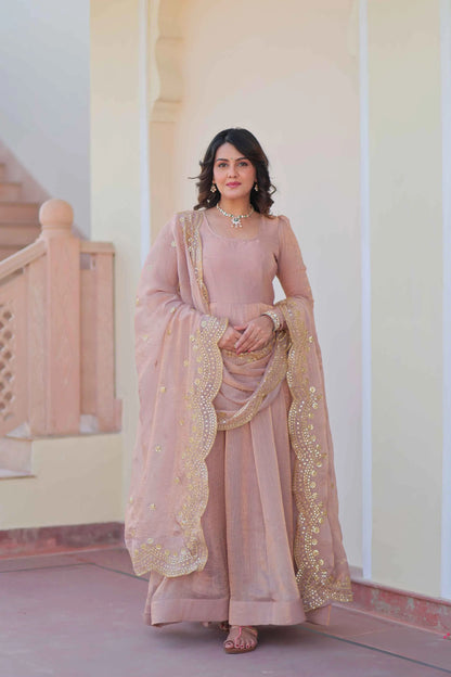 Shiny Dark Beige Designer Fendi Chiffon Gown With Embroidery Work Dupatta