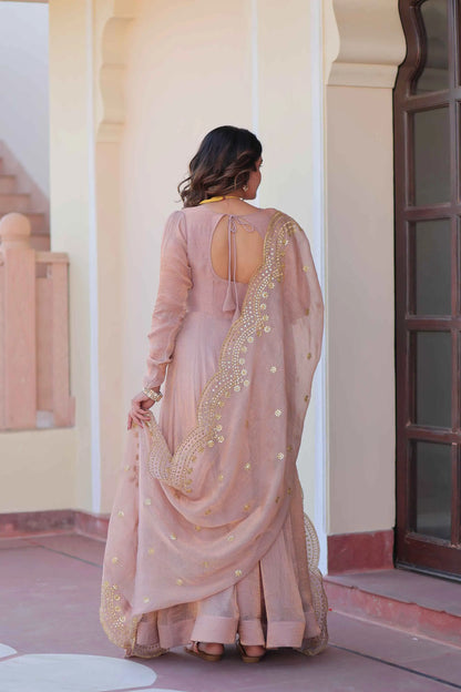 Shiny Dark Beige Designer Fendi Chiffon Gown With Embroidery Work Dupatta