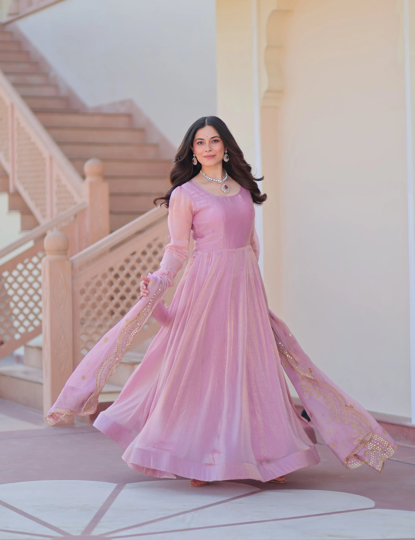 Shiny Baby Pink Designer Fendi Chiffon Gown With Embroidery Work Dupatta
