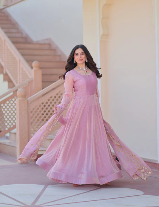 Shiny Baby Pink Designer Fendi Chiffon Gown With Embroidery Work Dupatta