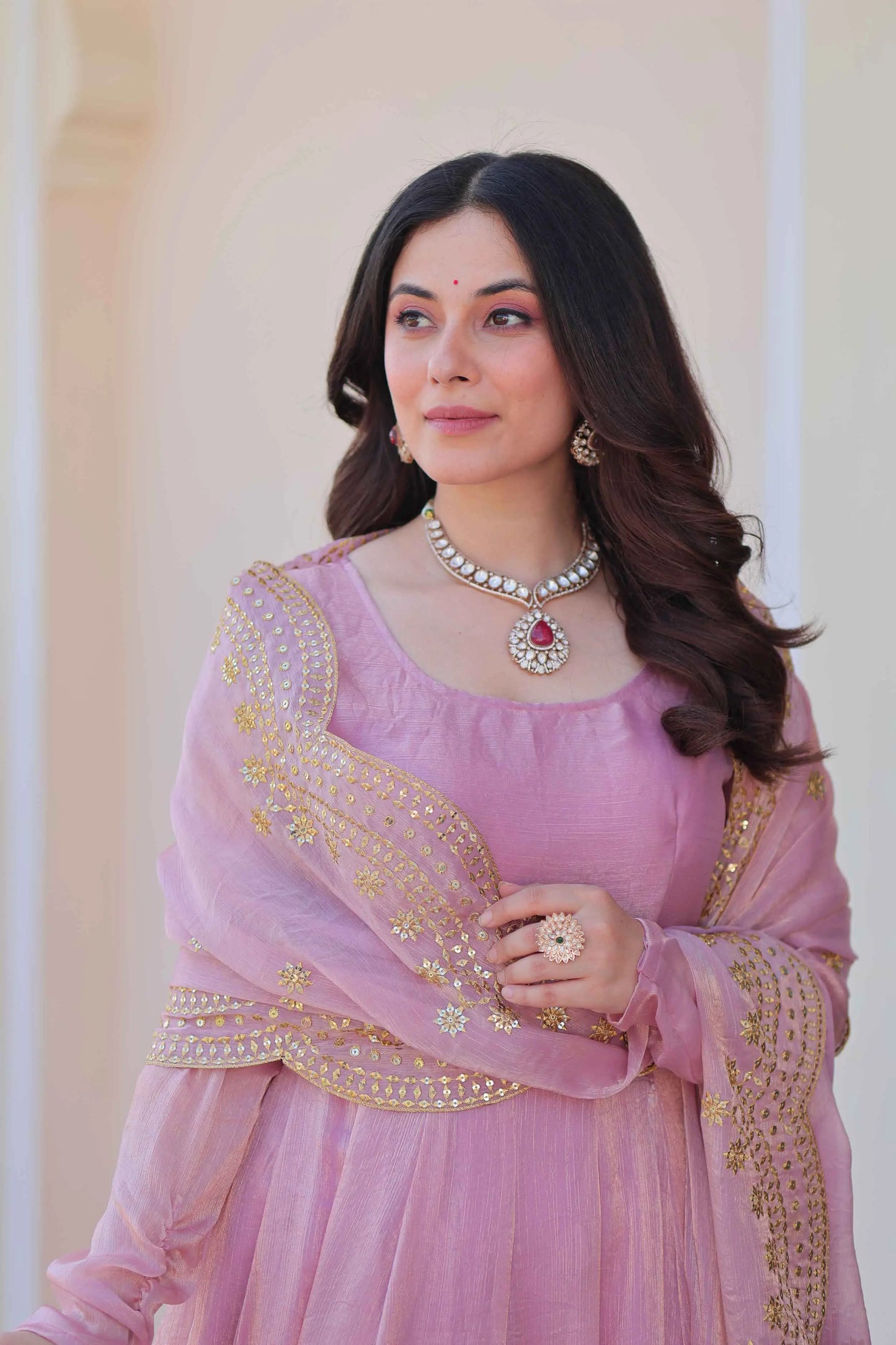 Shiny Baby Pink Designer Fendi Chiffon Gown With Embroidery Work Dupatta