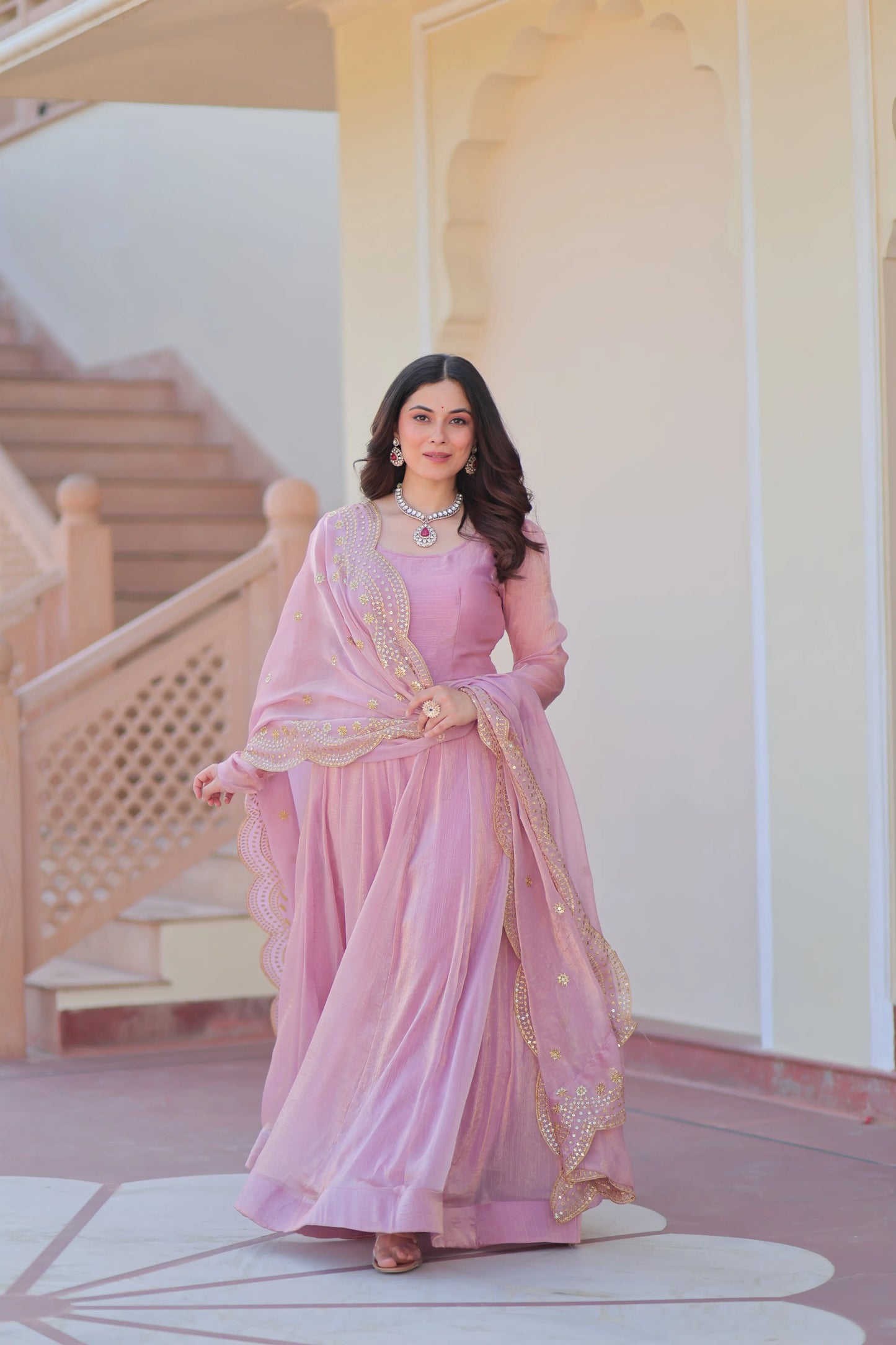 Shiny Baby Pink Designer Fendi Chiffon Gown With Embroidery Work Dupatta
