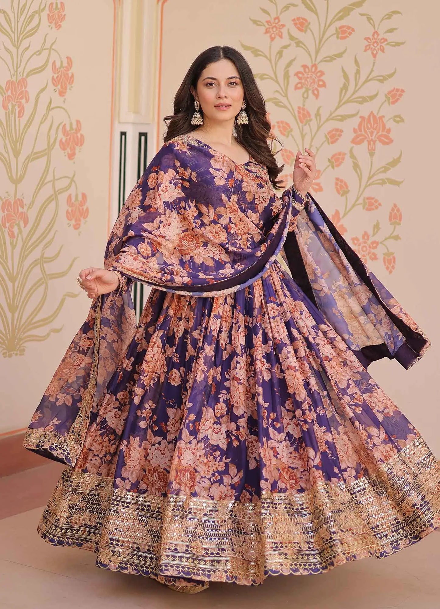 Purple Haze Floral Print Gown With Embroidery Work And Dupatta