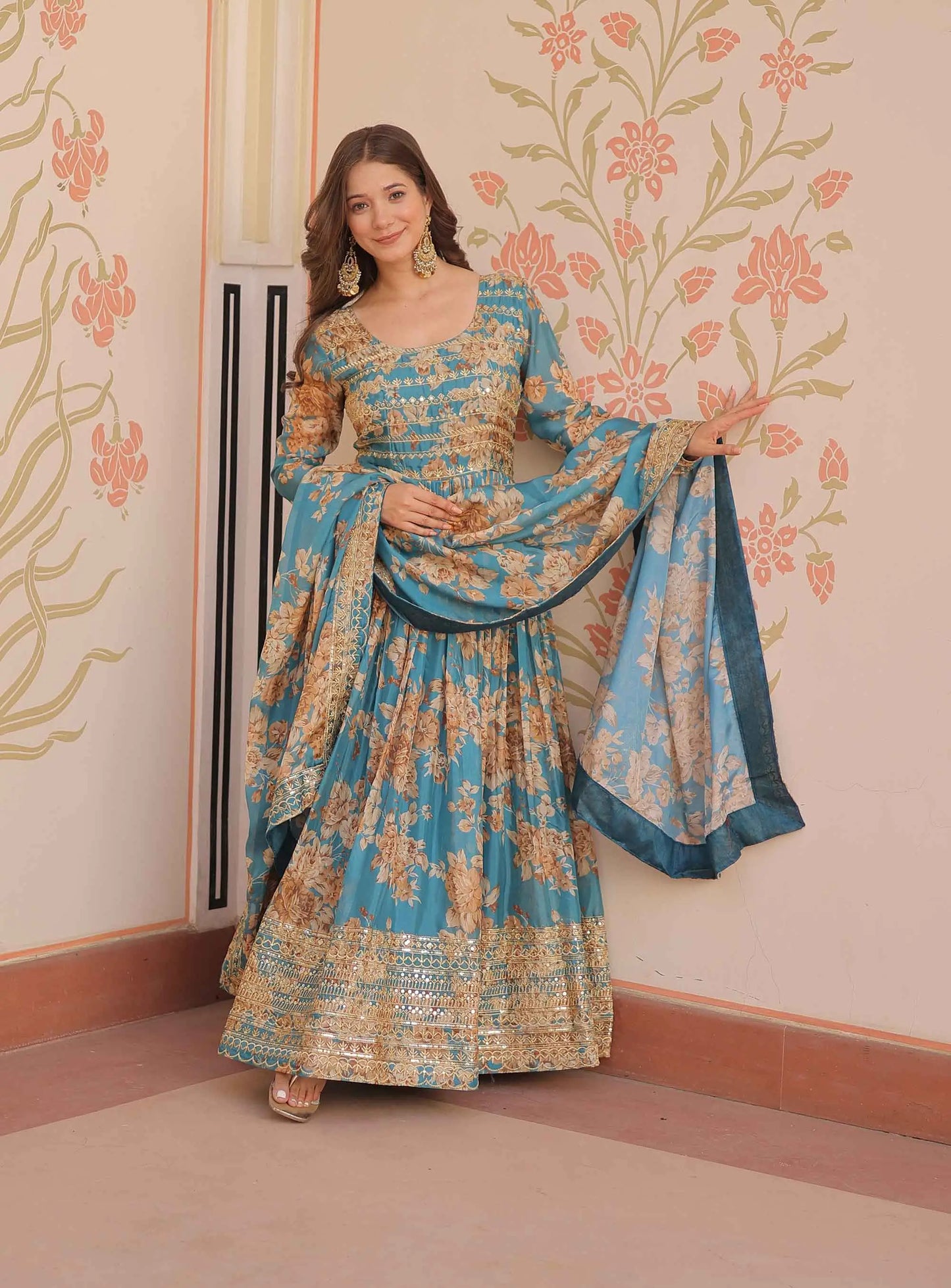 Hippie Blue Floral Print Gown With Embroidery Work And Dupatta